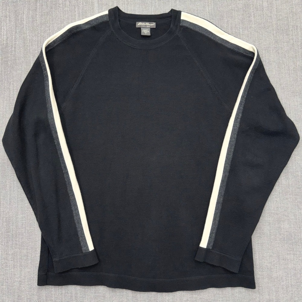 Eddie Bauer Mens Large Tall Black Cotton Raglan Stripe Crewneck Sweater 1313